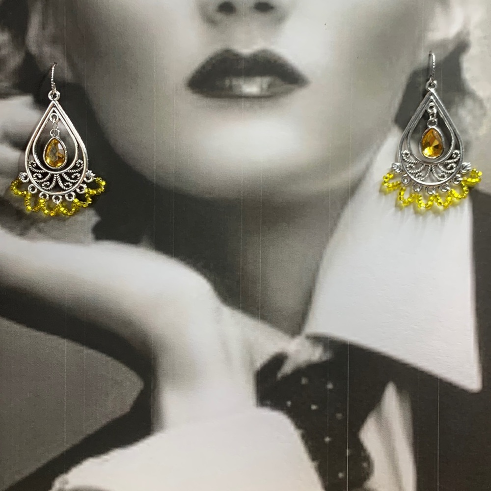 Handcrafted Bohemian Yellow Czech Wire Wrap Chandelier Drop Dangling Earrings